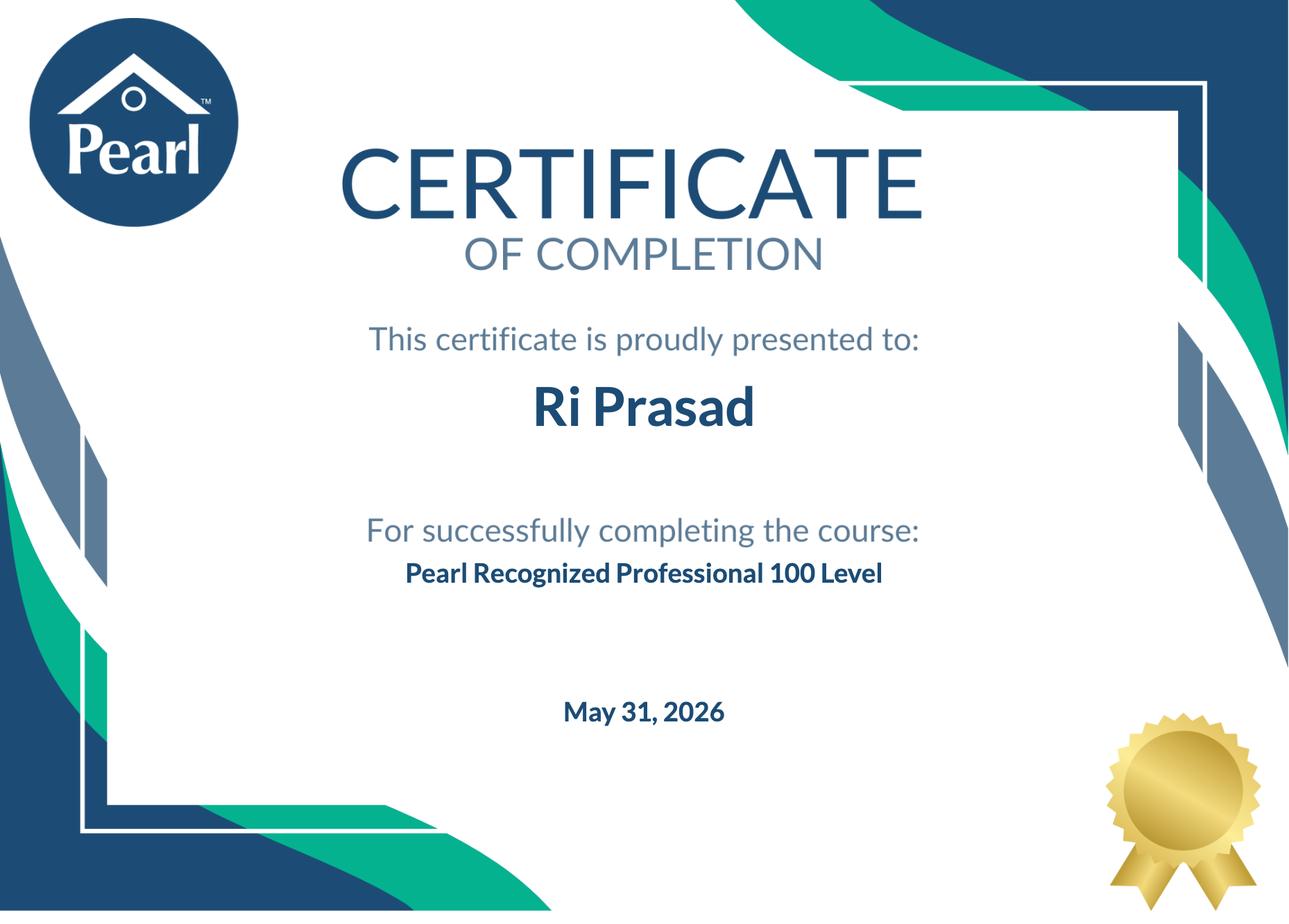 Pearl Recognized Professional 100 Level Certificate
